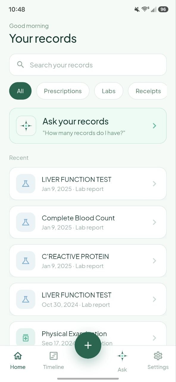 The records list, with search, type filters and recent documents.