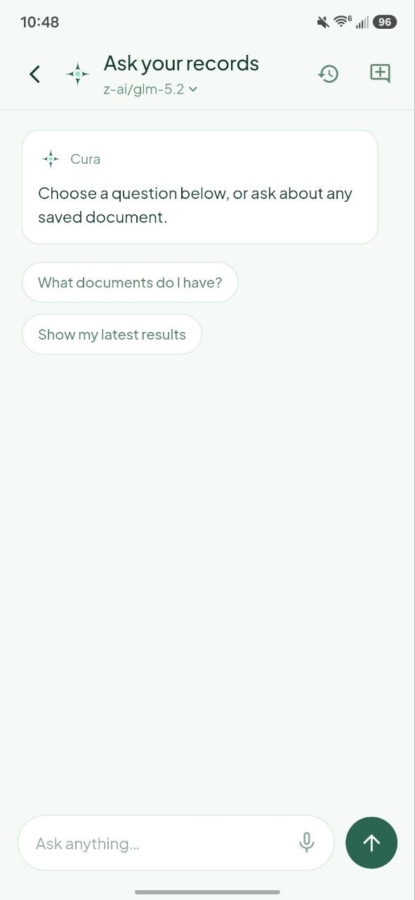 The Ask screen, with suggested questions and a text field.