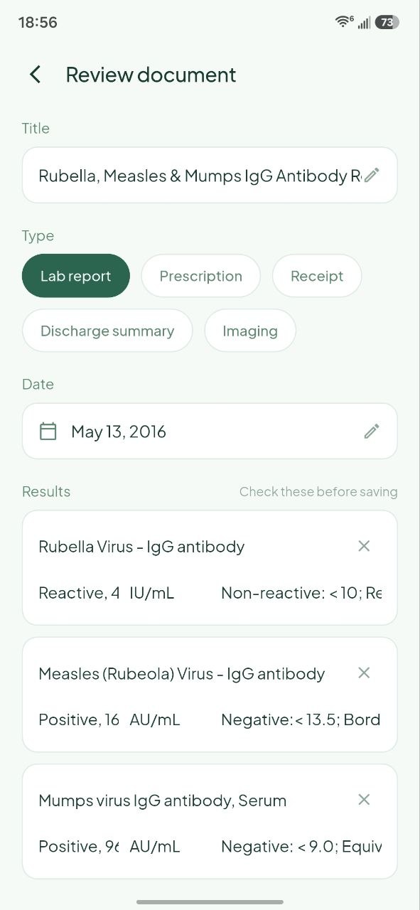 The review screen before a scan is saved, showing the extracted title, type and date, and the parsed result rows with their values, units and reference ranges.