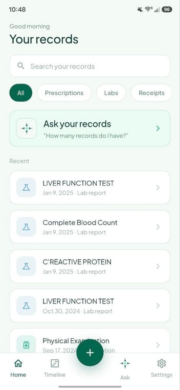The records list, with search, type filters and recent documents.