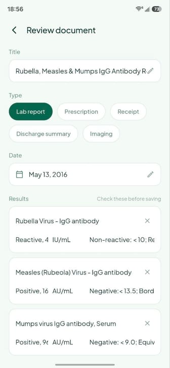 The review screen before a scan is saved, showing the extracted title, type and date, and the parsed result rows with their values, units and reference ranges.